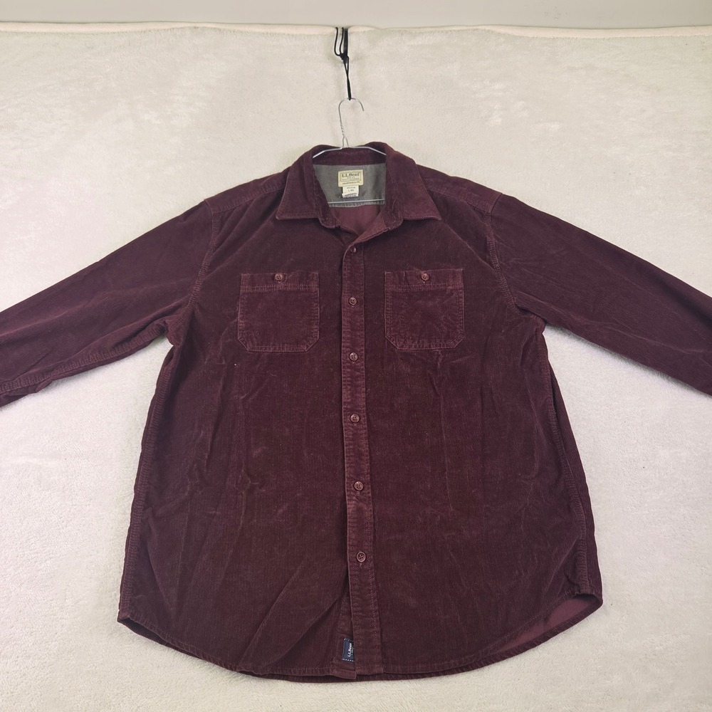 LL Bean Mens Corduroy Button Down Shirt Burgundy Maroon L-Reg 505637 Traditional